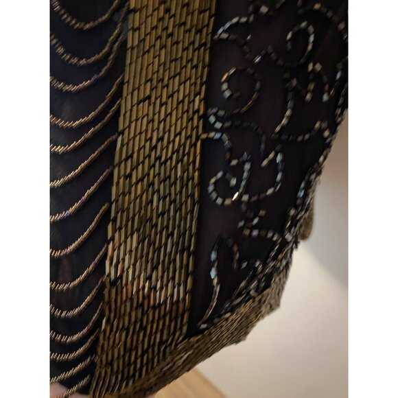 BLACK TIE BEADED SEQUIN EMBBELLISIED JEWELED SILK WOMEN'S STATEMENT  BLOUSE LG - Picture 8 of 16